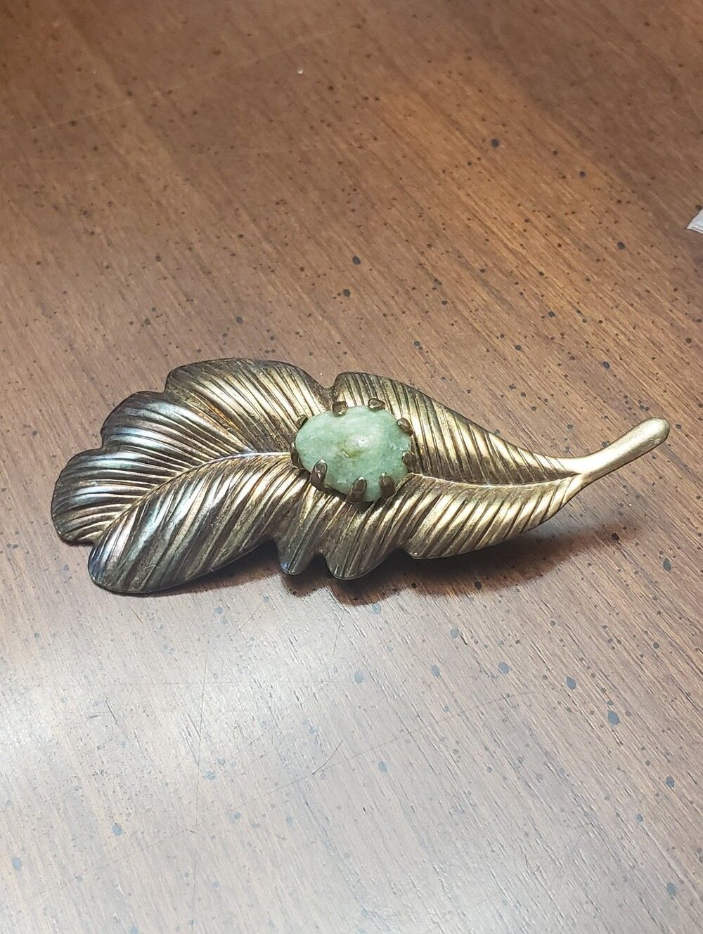 Vintage Brass Leaf Brooch Pin Green Jade Accent